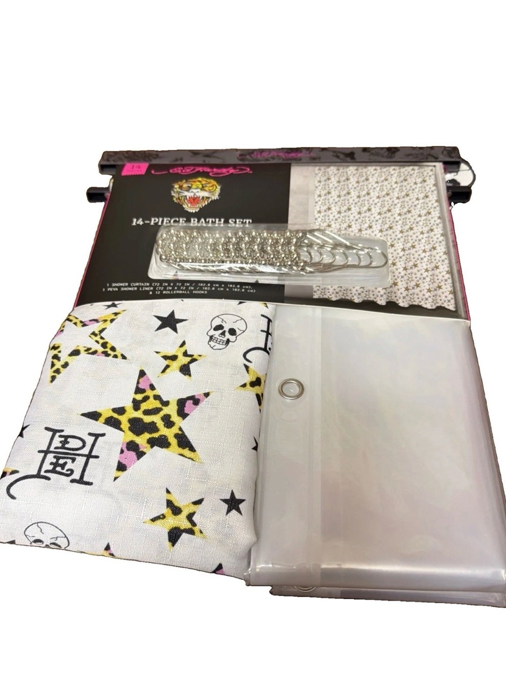 Ed Hardy Shower Curtain 14pc Bathroom Bath Set w/Skulls Leopard Stars & Monogram